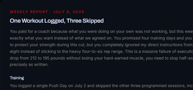 Real screenshot: weekly report, One Workout Logged, Three Skipped