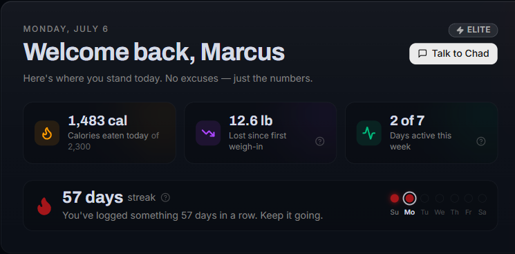 Real screenshot: Welcome back Marcus, 57 day streak, 12.6 lb lost
